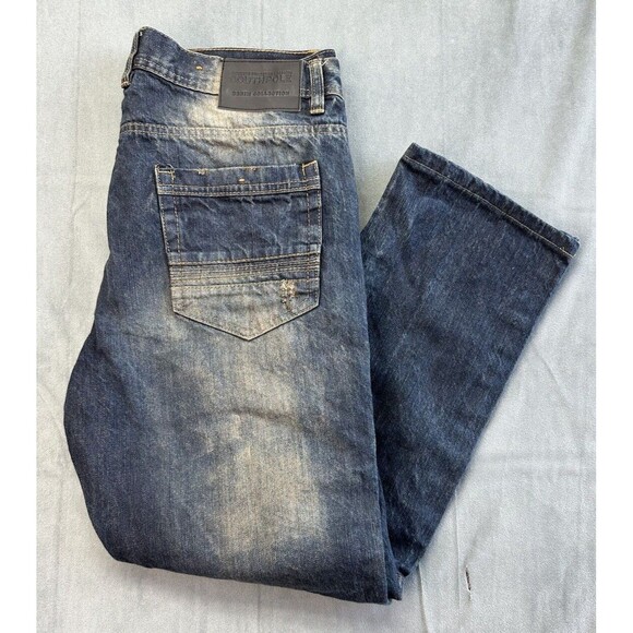 Southpole Jeans Moto Distressed Mens 34x32 Dark Wash SHORT INSEAM 27" Designer - Picture 1 of 11